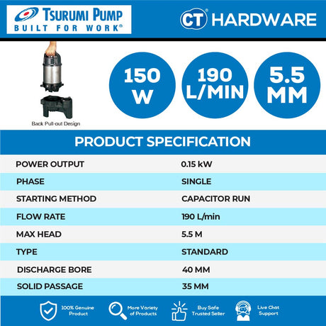 TSURUMI 50NHPU215S SUBMERSIBLE PUMP 150W | 230V | 190L/M | 5.7M/H 2"  ( NHPU SERIES )