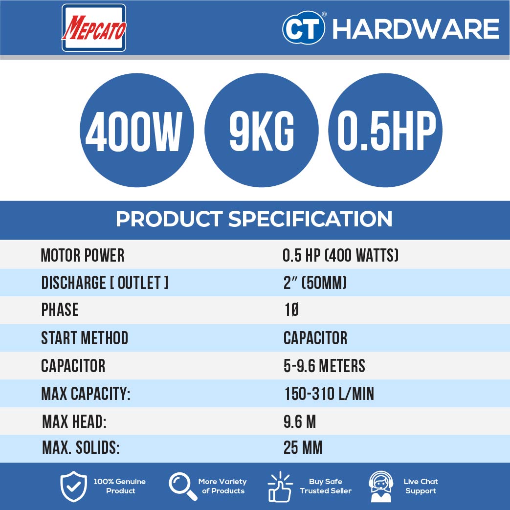 MEPCATO 50PS-2.4S STAINLESS STEEL SUBMERSIBLE PUMP 2" | 400W | 310L/MIN | 9M/H | NON AUTO WITH ITALY DOUBLE MECH SEAL [ 50PS24S ]