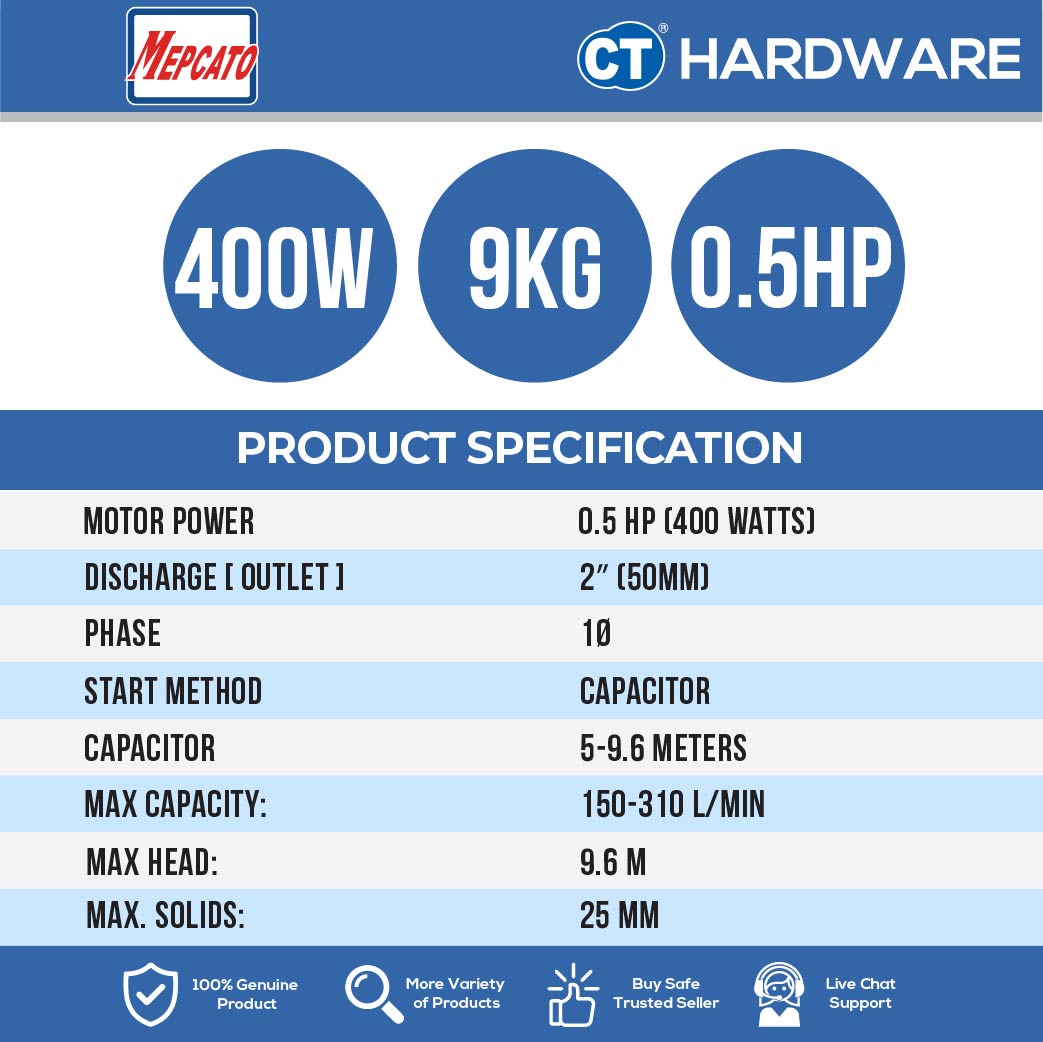 MEPCATO 50PSF-2.4S STAINLESS STEEL SUBMERSIBLE PUMP 2" | 400W | 310L/MIN | 9M/H | NON AUTO WITH ITALY DOUBLE MECH SEAL [ 50PSF24S ]
