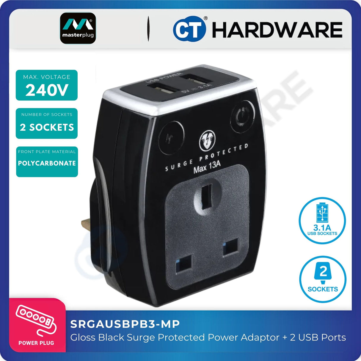 Masterplug SRGAUSBPB3-MP Gloss Black Surge Protected Power Adaptor | 2 USB Ports