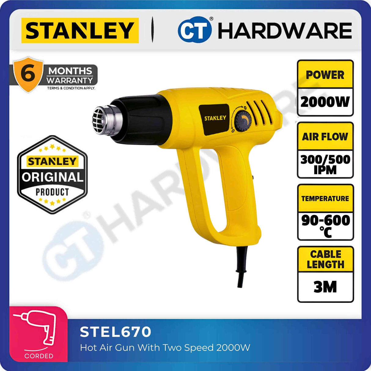 STANLEY STEL670 CORDED HOT AIR GUN 2000W | 300-500 LPM | TWO SPEED SETTINGS [ STEL670 ]
