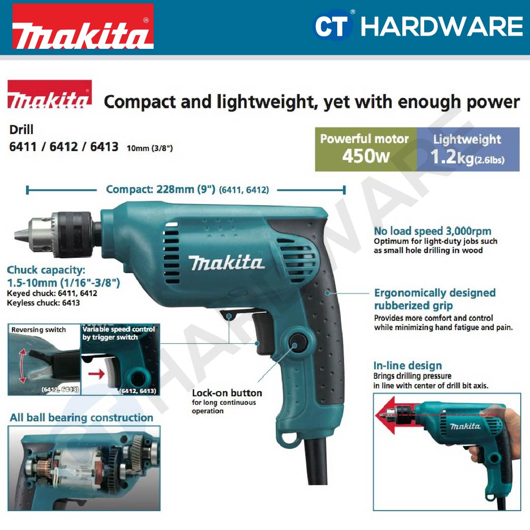 MAKITA 6413 DRILL WITH KEYLESS CHUCK 10MM 450W 3400RPM