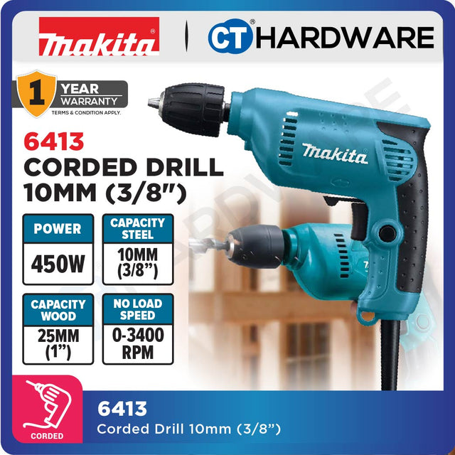 Makita 6413 corded drill, 450W with 10mm keyless chuck