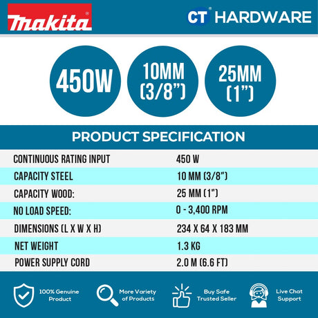 MAKITA 6413 DRILL WITH KEYLESS CHUCK 10MM 450W 3400RPM