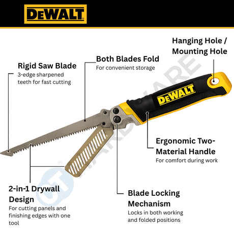 DEWALT DWHT0-20123 Folding Jab Saw with Rasp | 2-in-1 Drywall Saw | Triple Ground Teeth | Folding Hand Saw