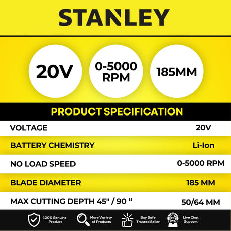 Stanley SBC551M1T Cordless Brushless Circular Saw 20V 4.0Ah 7" 185mm 5000RPM C/W 1 Battery & Charger