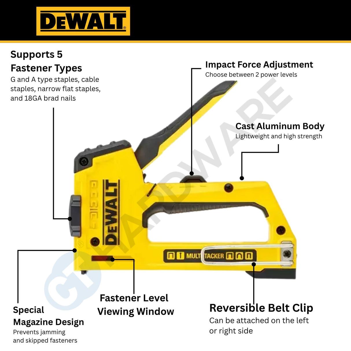 DEWALT DWHT0-TR510 5-in-1 Multi Duty Tacker & Brad Nailer | Heavy Duty Manual Staple Gun