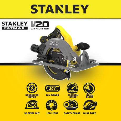 Stanley SBC551M1T Cordless Brushless Circular Saw 20V 4.0Ah 7" 185mm 5000RPM C/W 1 Battery & Charger