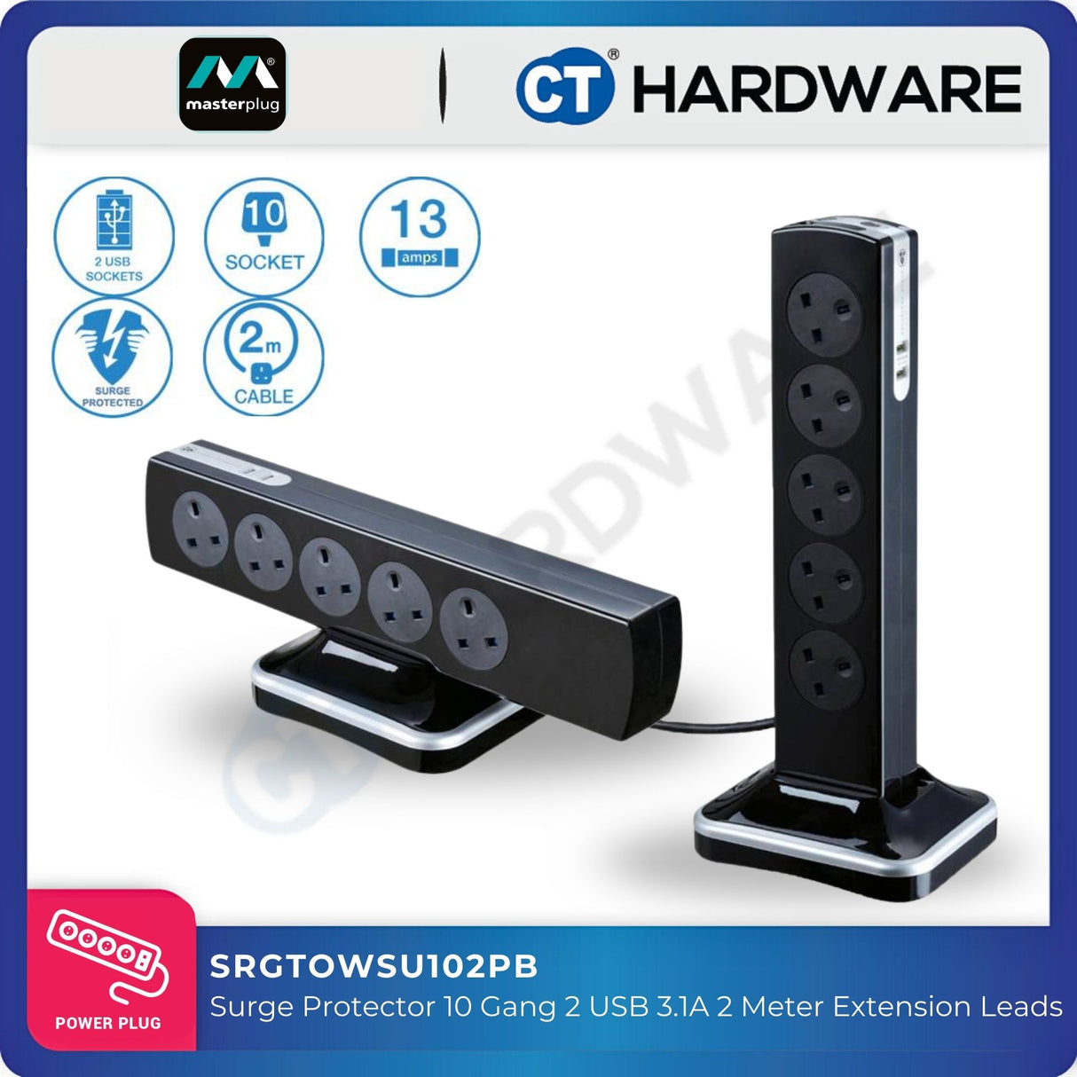 Masterplug SRGTOWSU102PB 10-Gang Tower Surge Protector | 2 USB (2m)