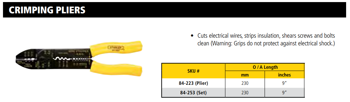 STANLEY 84223 CRIMPING PLIER 9"= 84-223-22