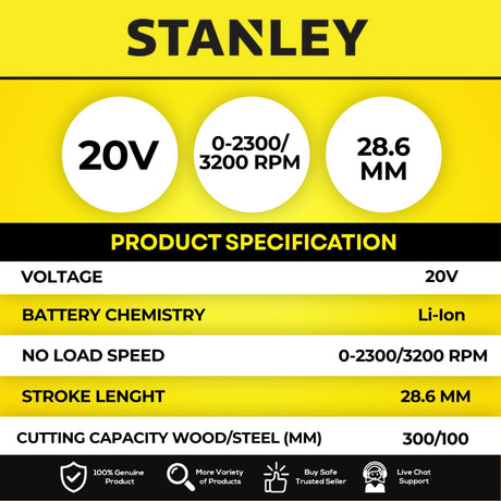 Stanley SBR311M1T Cordless Brushless Reciprocating Saw 20V 4.0Ah 2300–3200SPM C/W Battery & Charger