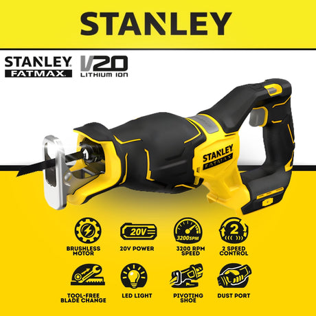 Stanley SBR311M1T Cordless Brushless Reciprocating Saw 20V 4.0Ah 2300–3200SPM C/W Battery & Charger