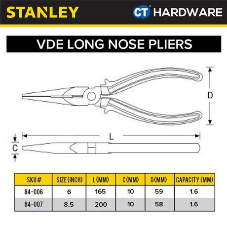 STANLEY 84006 / 84007 VDE LONG NOSE PLIERS 6" / 8"
