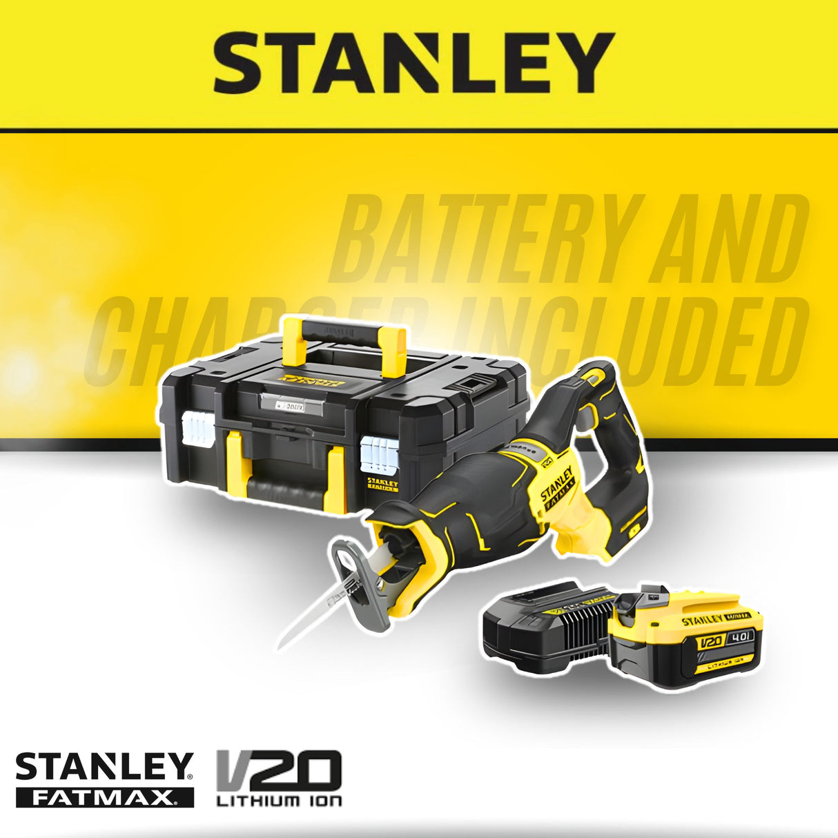 Stanley SBR311M1T Cordless Brushless Reciprocating Saw 20V 4.0Ah 2300–3200SPM C/W Battery & Charger