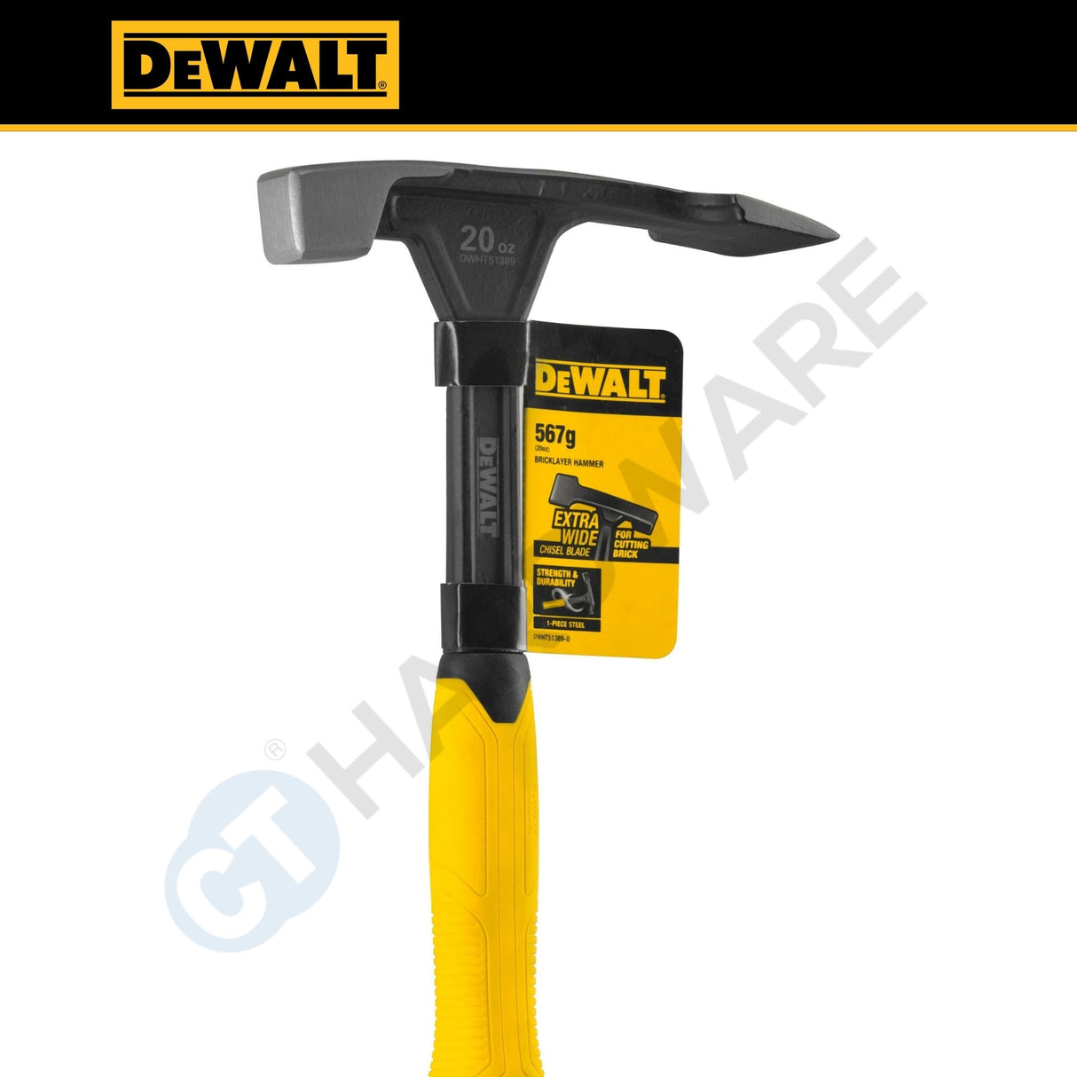DEWALT DWHT51389-0 20oz Bricklayer Hammer | One-Piece Steel Masonry Hammer with Extra-Wide Chisel Blade