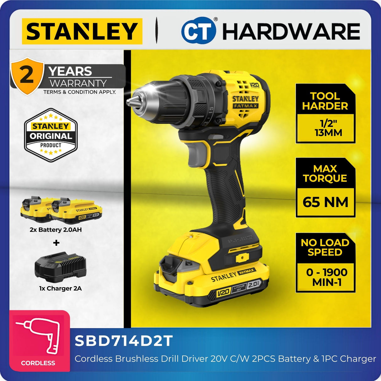 Stanley SBD714D2T Cordless Brushless Drill Driver 20V with 2 Batteries 1 Charger [SBD710D2K]