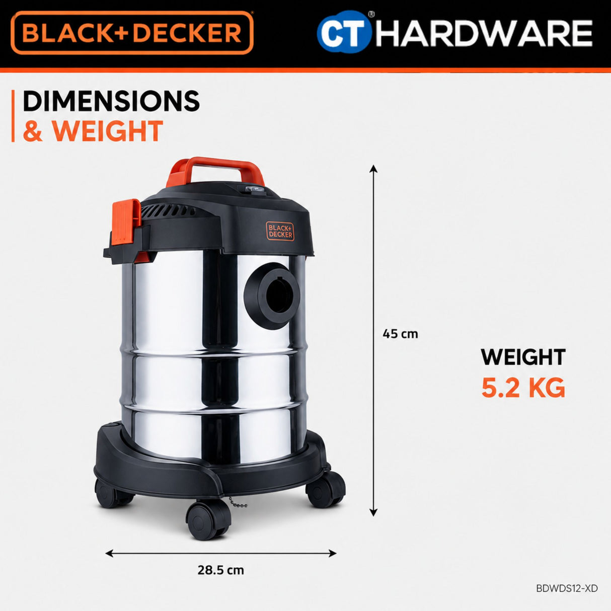 BLACK+DECKER BDWDS12-XD 1000W 12L Wet & Dry Vacuum Cleaner with Blower | Stainless Steel 3-in-1