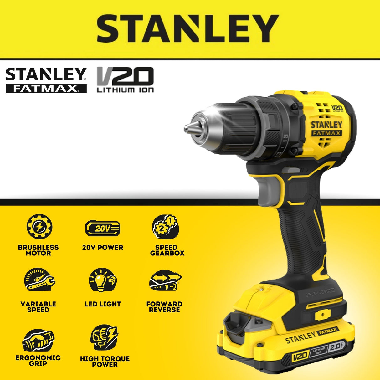 Stanley SBD714D2T Cordless Brushless Drill Driver 20V with 2 Batteries 1 Charger [SBD710D2K]