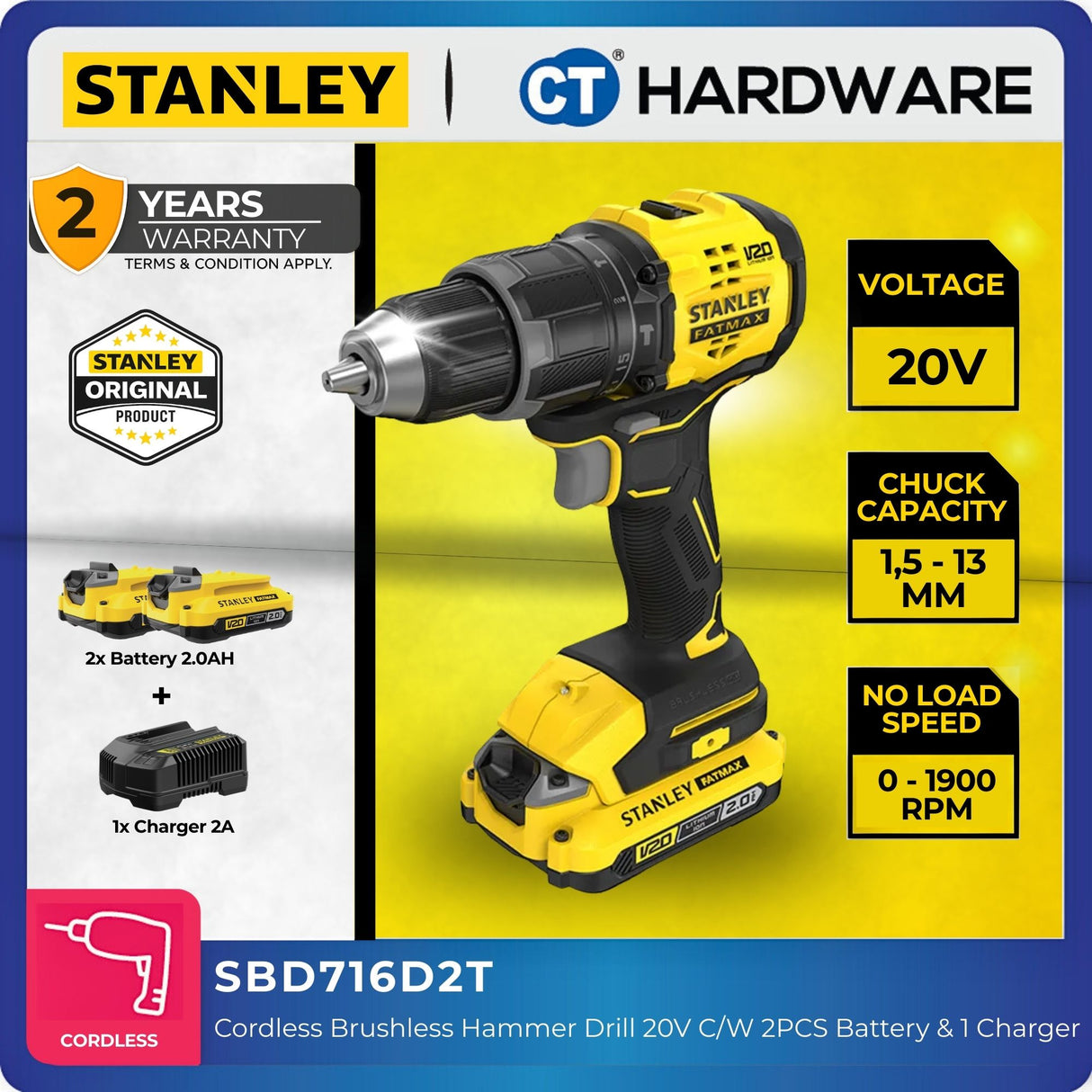 Stanley SBD716D2T 20V Cordless Brushless Hammer Drill C/W 2PCS Battery & 1 Charger (SBD715D2K)