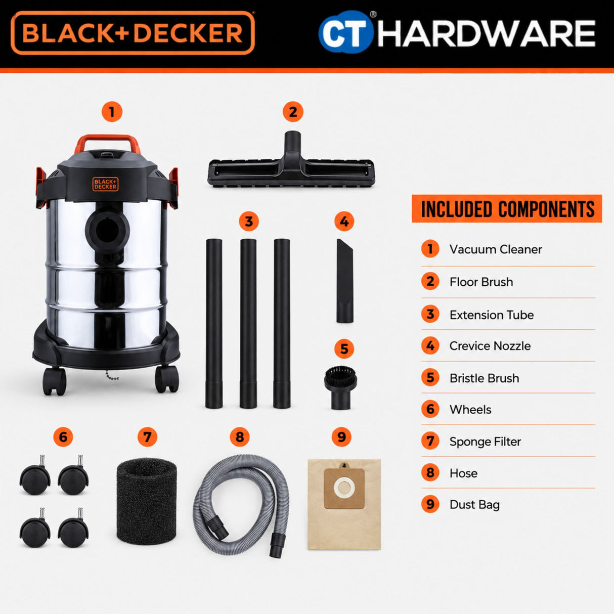 BLACK+DECKER BDWDS12-XD 1000W 12L Wet & Dry Vacuum Cleaner with Blower | Stainless Steel 3-in-1
