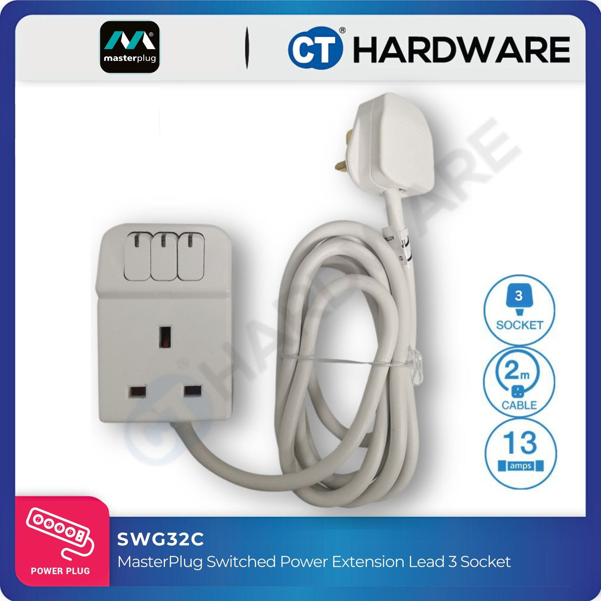 MasterPlug SWG32C Switched Power Extension Lead | 3 Socket