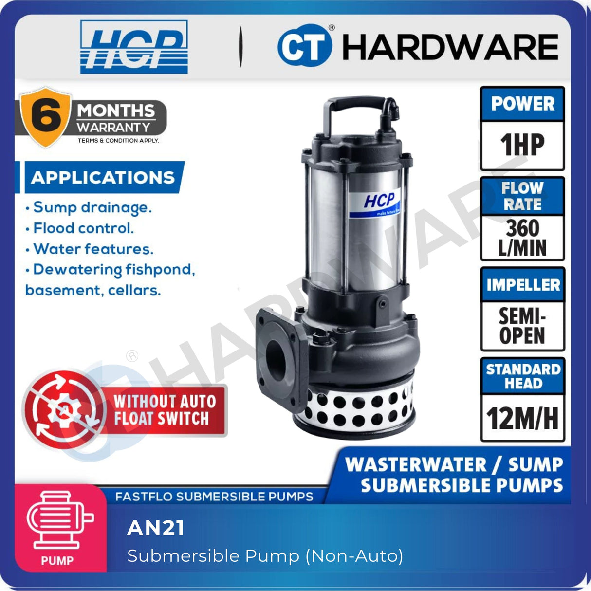 HCP AN21 SUBMERSIBLE WASTEWATER SUMP PUMP 2" | 1HP | 1PH | MAX 360L/MIN | 2M(H) | MANUAL [ A21 ]