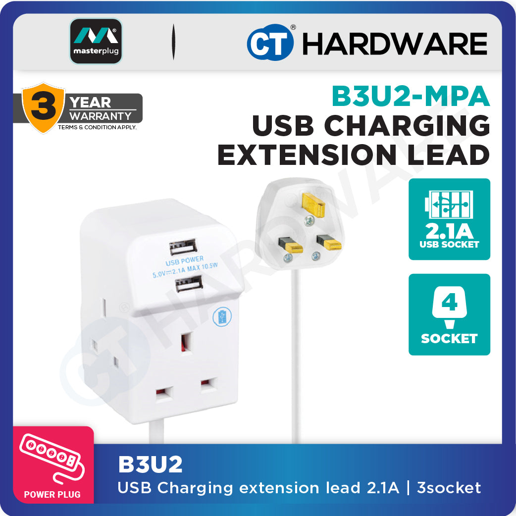 Masterplug B3U2 3-Socket 13A Extension Lead | 2 USB 2.1A (2m)