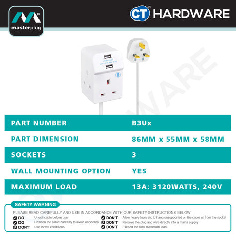 Masterplug B3U2 3-Socket 13A Extension Lead | 2 USB 2.1A (2m)