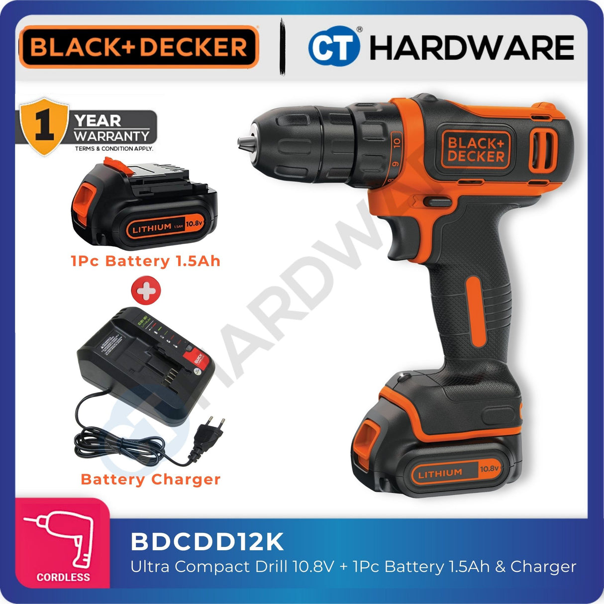 BLACK+DECKER BDCDD12K Ultra Compact Drill 10.8V 1.5AH Li-Ion 10MM 550RPM