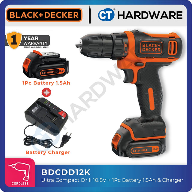 Black+Decker BDCDD12K 10.8V cordless drill driver with battery and charger