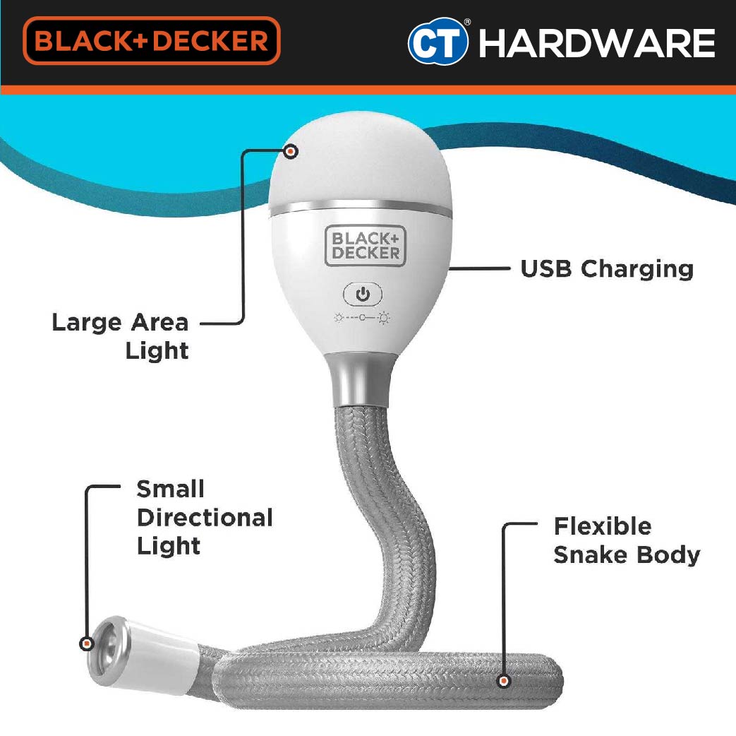 Black+Decker BDCFSL01 2-in-1 Flexible LED Snake Light With USB Rechargeable Battery 4V