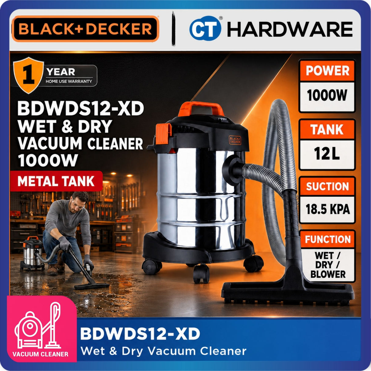 BLACK+DECKER BDWDS12-XD 1000W 12L Wet & Dry Vacuum Cleaner with Blower | Stainless Steel 3-in-1