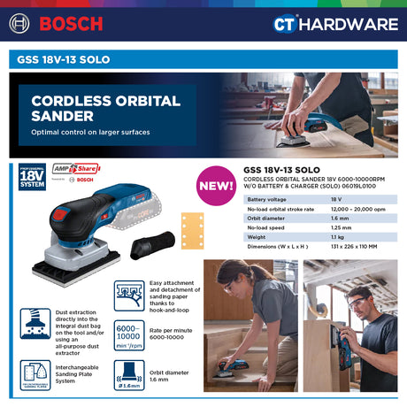 Bosch GSS 18V-13 SOLO Cordless Orbital Sander 18V | 150×100MM | Smooth Finish [ GSS18V13SOLO ]