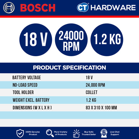 Bosch GGS 18 V-20 SOLO Professional Cordless Brushless Straight Grinder 18V 06019B5401 [Set Pack with 3.0 Ah Battery]