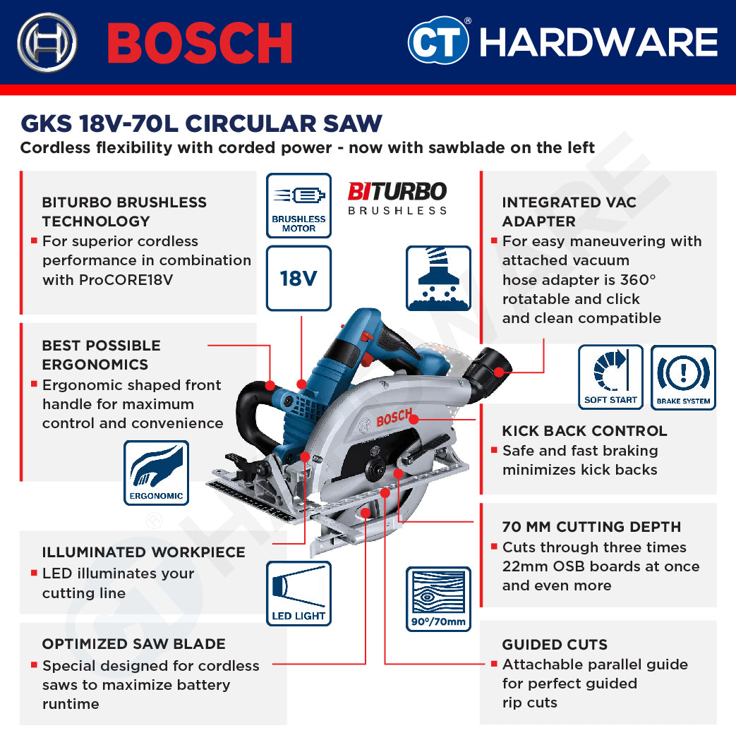 Bosch GKS 18V-70L SOLO Cordless Biturbo Brushless Circular Saw 18V | 190mm [ GKS18V70LSOLO ]