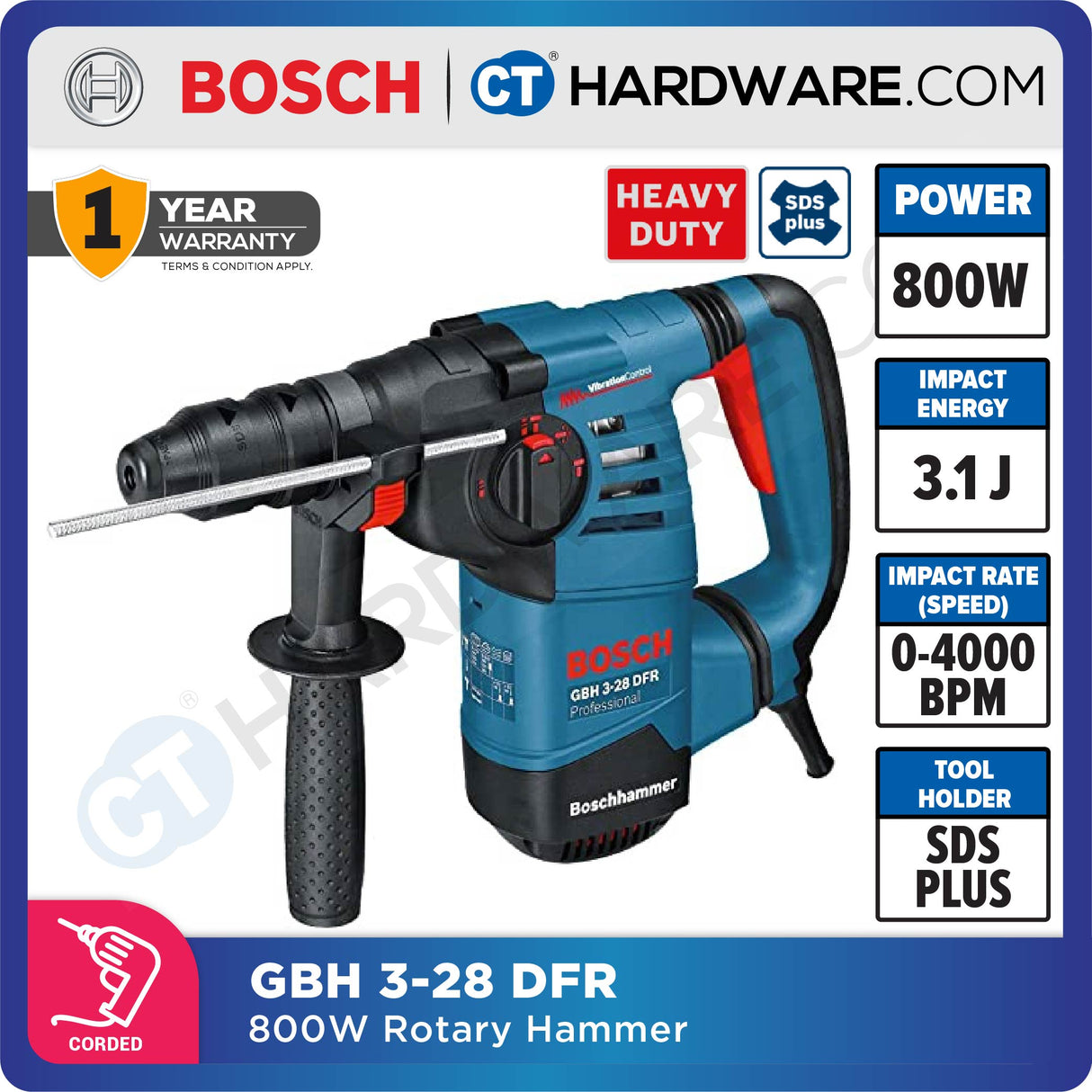 Bosch GBH 3-28 DFR Professional Rotary Hammer with SDS Plus 800W [061124A0L0 | GBH328DFR]