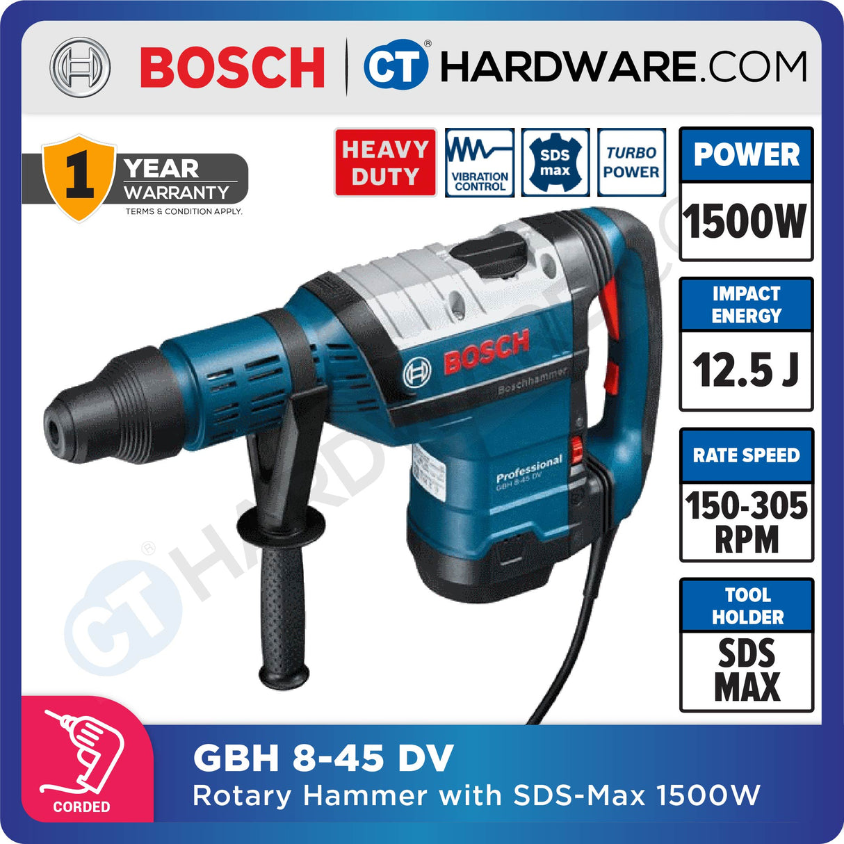 Bosch GBH 8-45 DV Professional Rotary Hammer with SDS Max 1500W [06112650L0 | GBH845DV]