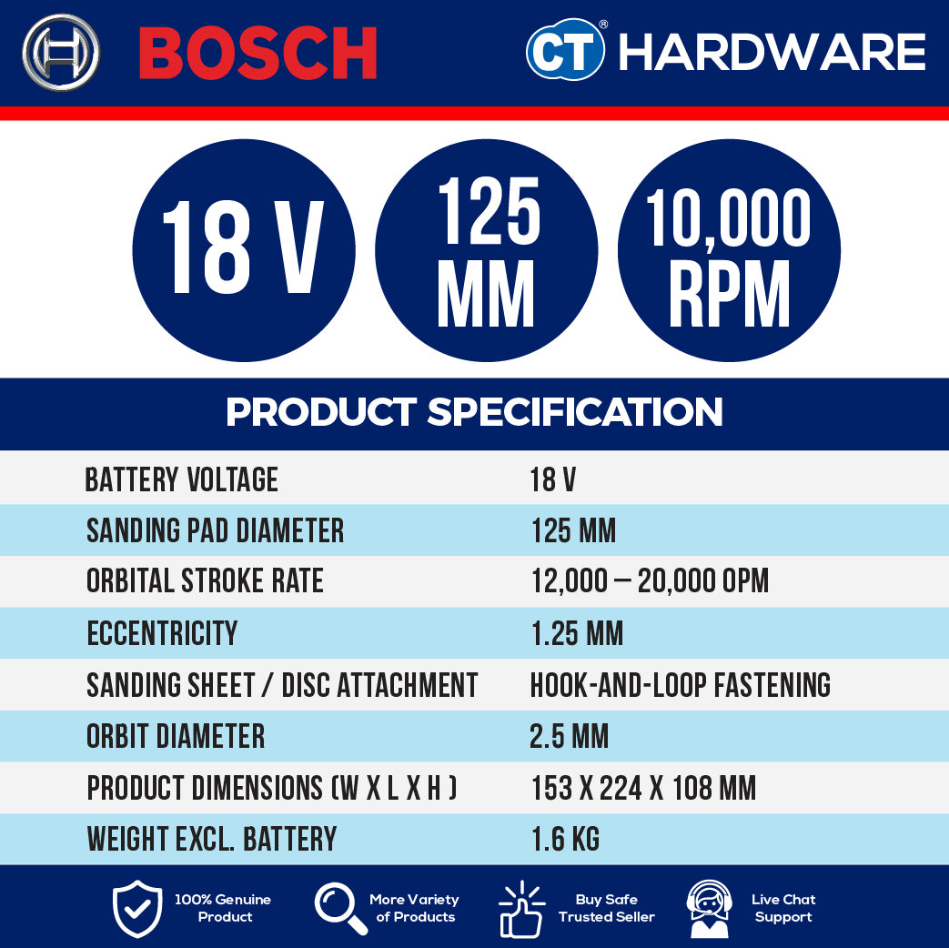 Bosch GEX18V-125 Random Orbit Sander | Brushless Motor | 125mm Pad | Cordless 18V [0601372201]