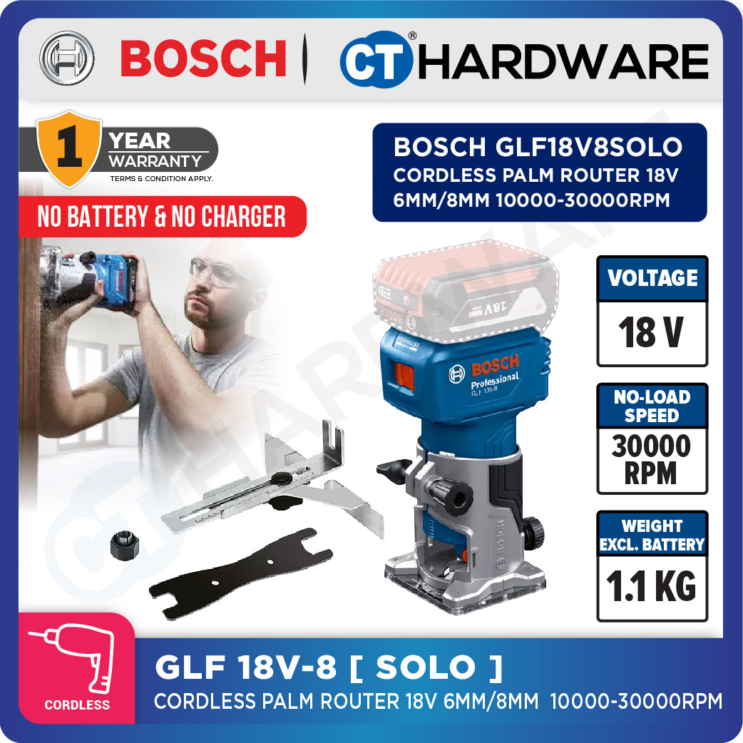 Bosch GLF18V-8 Palm Router | Brushless Motor | 1/4" & 6mm & 8mm Collets | Cordless 18V [06016C60L0]