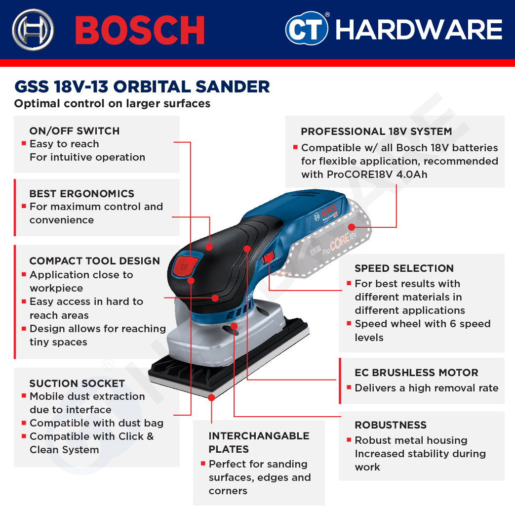 Bosch GSS 18V-13 SOLO Cordless Orbital Sander 18V | 150×100MM | Smooth Finish [ GSS18V13SOLO ]