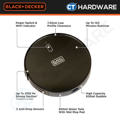 BLACK+DECKER BRVA425B00 2-IN-1 ROBOTIC VACUUM & MOP | 14.4V | 2150PA | 500ML DUSTBIN | 300ML WATER TANK