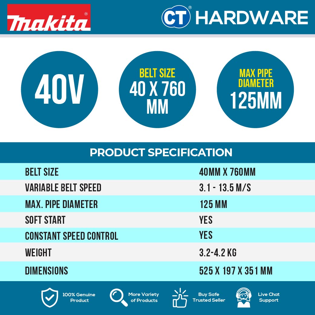 Makita BS002GZ XGT 40Vmax Cordless Pipe Belt Sander (Body Only)
