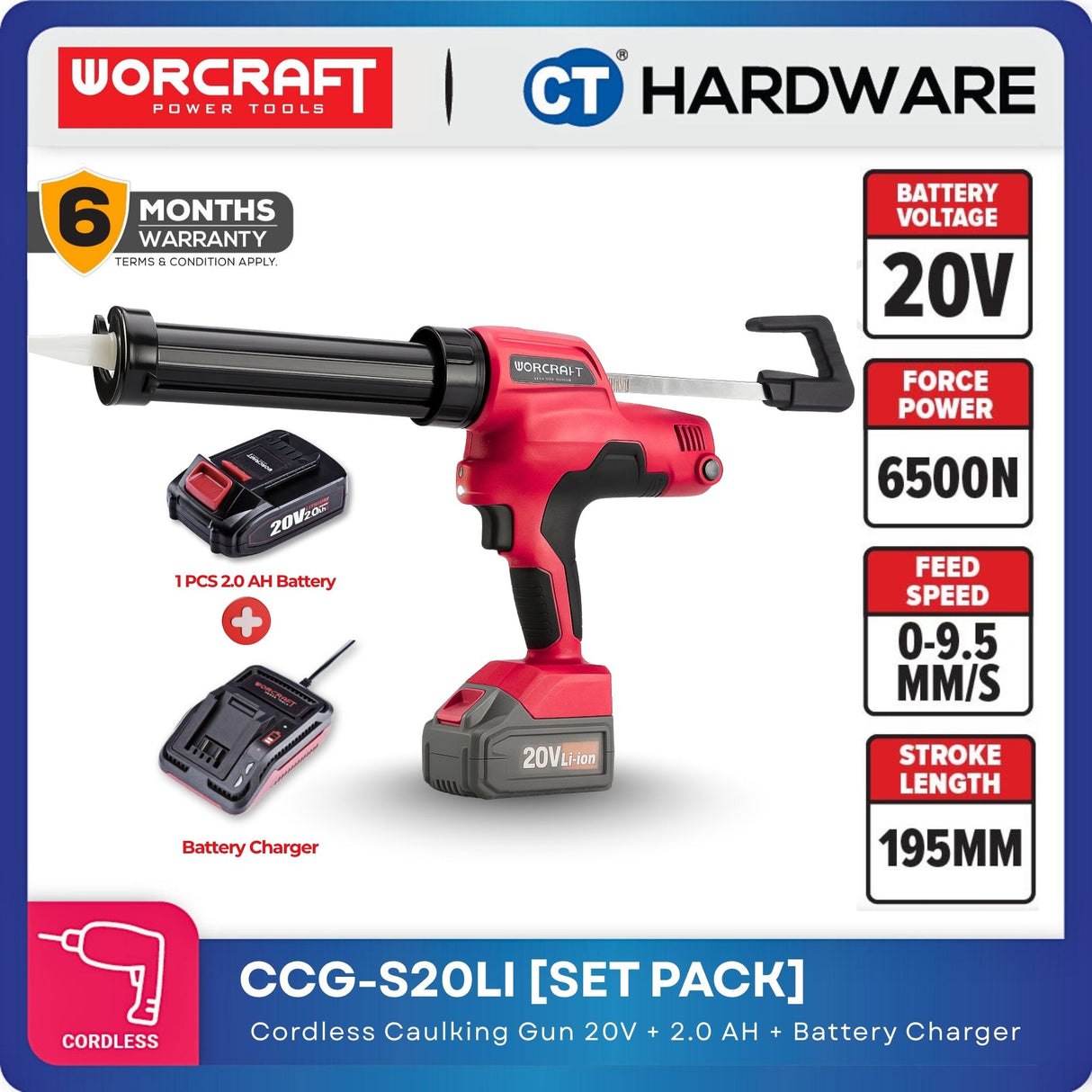WORCRAFT CCG-S20LI CORDLESS CAULKING GUN 20V [ CCGS20LI ] [Set Pack With 2.0AH Battery]]