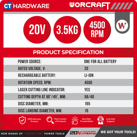 Worcraft CCS-S20LIB Cordless Brushless Circular Saw 20V | 6-1/2" 165MM