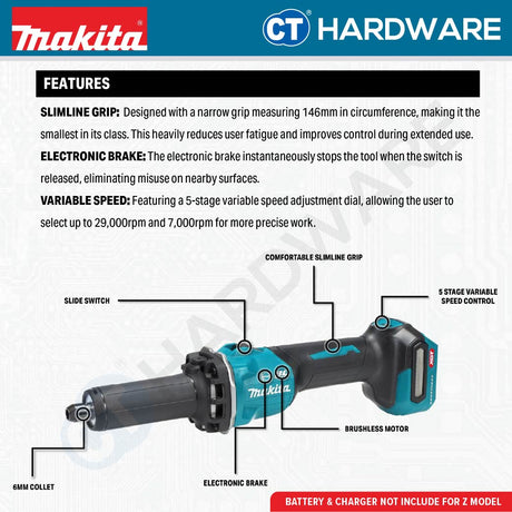 MAKITA GD002GZ CORDLESS DIE GRINDER 40V | 8MM | 5/16" WITHOUT BATTERY AND CHARGER - 1PC