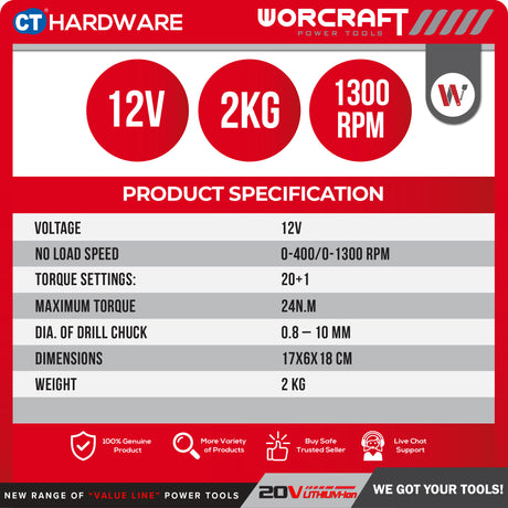 WORCRAFT CD12LiA Cordless Drill 12V | 10MM | 28NM Come with 2x 1.3AH Battery & 1x charger