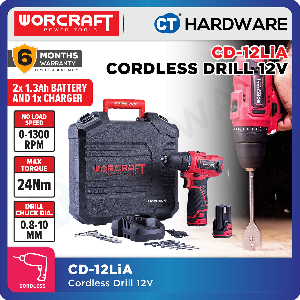 WORCRAFT CD12LiA Cordless Drill 12V | 10MM | 28NM Come with 2x 1.3AH Battery & 1x charger