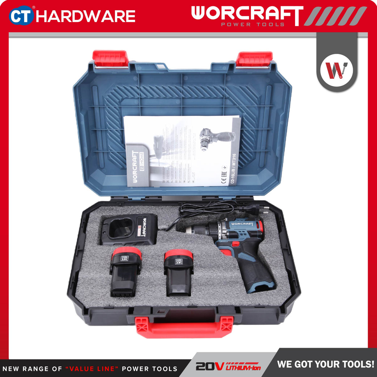 WORCRAFT CD16LIB CORDLESS BRUSHLESS DRILL 16.8V 50NM COME WITH 2x BATTERY 1.5AH & 1PC CHARGER