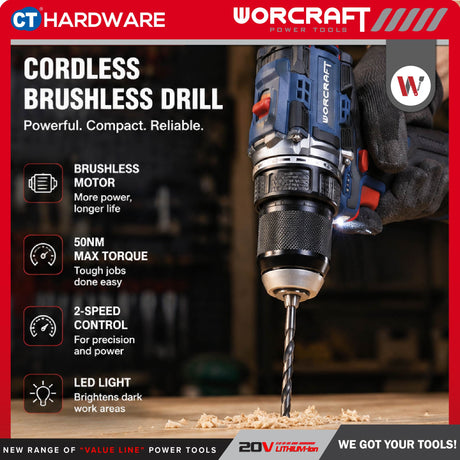 WORCRAFT CD16LIB CORDLESS BRUSHLESS DRILL 16.8V 50NM COME WITH 2x BATTERY 1.5AH & 1PC CHARGER
