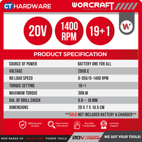 WORCRAFT CD-S20LIE CORDLESS DRILL 20V [ CDS20LIE ] [Set Pack with 2.0AH Battery]
